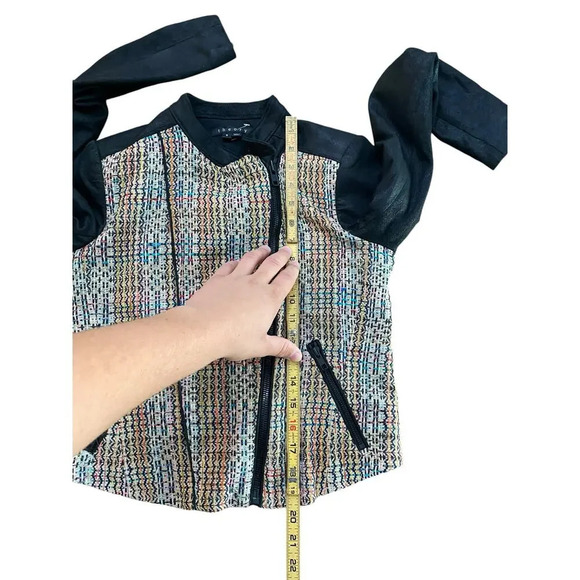 Theory Assymetrical Leather Silk Tweed Rainbow Moto Jacket Size 4 - Picture 3 of 7